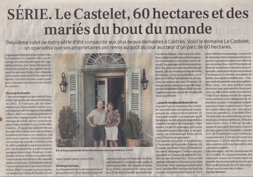 Série Le Castelet : Eric et Suzy devant leur domaine de mariage de 60 hectares à Castres.